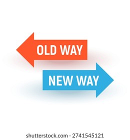 Concept with Arrows Representing Old Way and New Way in Green and Orange.