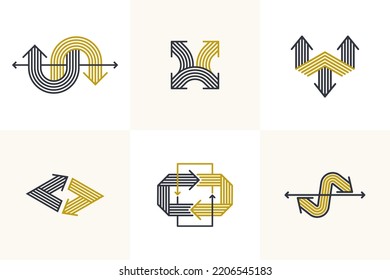 Concept arrows vector logos set isolated, double arrows symbol pictograms collection, stripy icon of arrow.