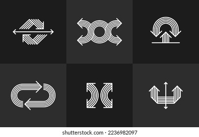 Las flechas de concepto son logotipos vectoriales establecidos aislados, símbolo de doble flecha colección de pictogramas, icono de franja de flecha.