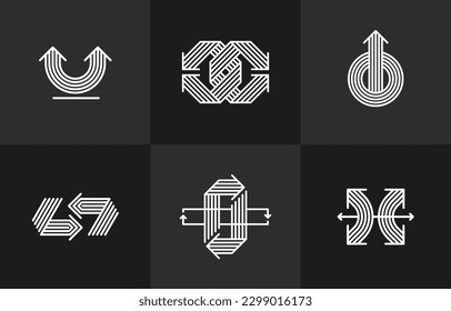 Concept arrows vector logos set isolated, double arrows symbol pictograms collection, stripy icon of arrow.