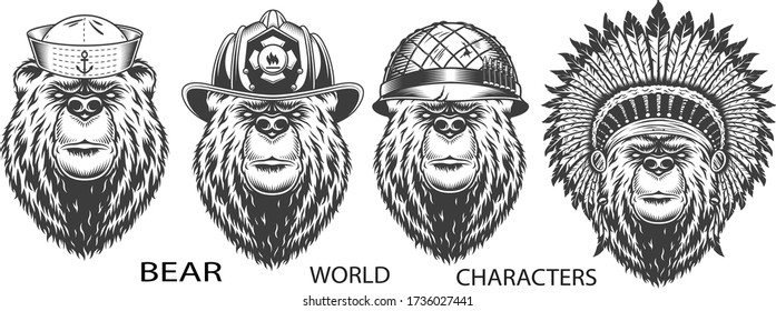 Concept art of abstract bear world characters in white colour background