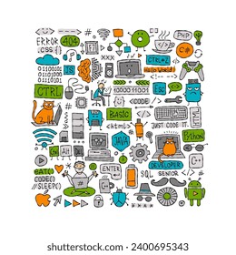 IT concept art background for your design. Programming coding, software development for web and mobile app. Code, programmer, developer, information technology, coder, retro computer and gadgets and