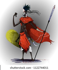 Concept art based on traditional African tribes. A four-armed soldier holds a shield, a spear and a Voodoo doll, combining the spirit of a warrior and sorcerer.