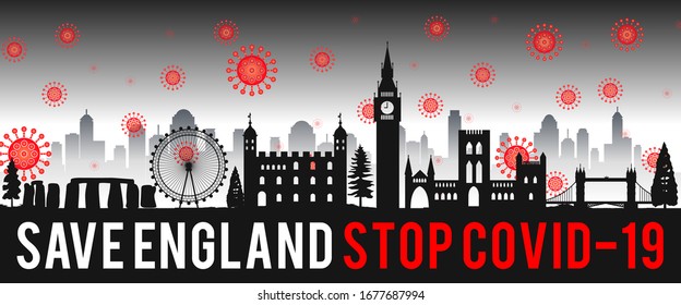 concept art with coronavirus fly over landmarks of england,vector illustration