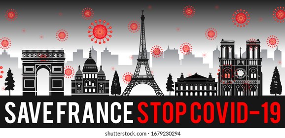 concept art with coronavirus fly over landmarks of the france,vector illustration