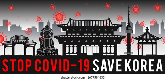 concept art with coronavirus fly over landmarks of the korea,vector illustration