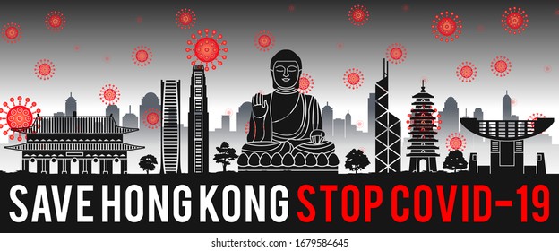 concept art with coronavirus fly over landmarks of the hong kong,vector illustration