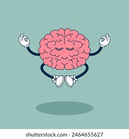 Concept Art of Cute Funny Healthy Happy Human Brain. Mental Calm, Yoga, Relaxation, Meditation, Kawaii Vector Illustration