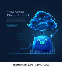Concept art of financial growth in futuristic piggy with tree and pile of coins idea suitable for Growth Business or Financial technology investment