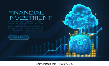 Concept art of financial growth in futuristic piggy with tree and pile of coins idea suitable for Growth Business or Financial technology investment