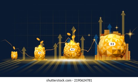 Concept art of financial growth in golden piggy coins putting idea suitable for Growth Business or Financial investment