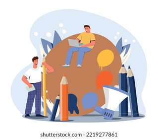 Concept of art. Group of people next to pencils and paints. Creative personalities, artists and designers. Poster or banner for website. Creator of visual culture. Cartoon flat vector illustration