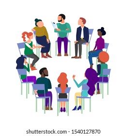 Concept Art Of Group Therapy, Brainstorming Meeting, People Sitting In Circle, Anonymous Club. Isolated On White Background. Flat Style Stock Vector Illustration.