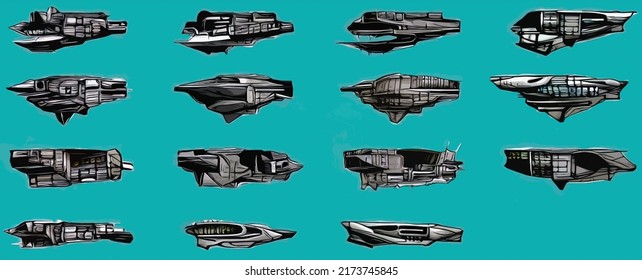 Concept art image - 12 simple side view space ship variation pack collection download for project, stories, web, blog, trace guide, etc. 