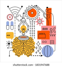 Concepto de tecnologías innovadoras en el campo de la medicina. El cerebro en el que el robot mecanizado inserta bombilla. Diseño plano vectorial. Arte de línea