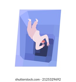 Concept art a man falls into a depression hole where it is dark and cramped. Flat cartoon illustration.