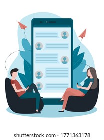 Concept Art Mobile Chat. Ein Typ und ein Mädchen schreiben. Vektorgrafik. Flachbild. Bild für die Zielseite.