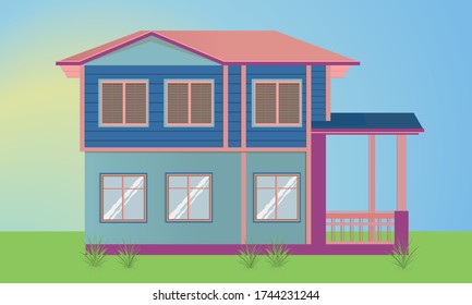 Concept art of modern house designs.Vector illustration of cool detailed blue house