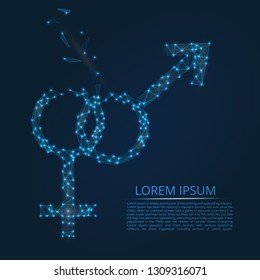 Concept art on the topic of dating. Male and female symbols low poly frame. Abstract sex sign, icon-male, sign-female, sign-half-symbol.