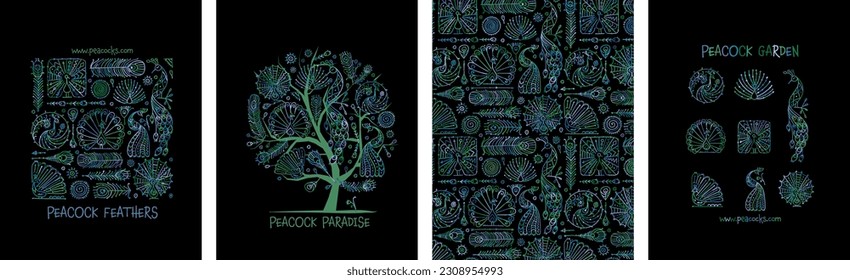 Concept Art, Peacocks Vintage Ornament. Frame, background, tree, icons. Set for your design project - cards, banners, poster, web, print, social media, promotional materials. Vector illustration