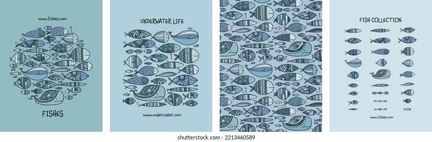 Concept Art set, fishes family, vintage ornament. Frame, background, icons. Set for your design project - cards, banners, poster, web, print, social media, promotional materials. Vector illustration