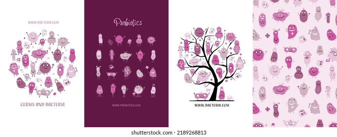 Concept Art set, funny and scary bacteria characters. Frame, background, tree, icons. Set for your design project - cards, banners, poster, web, print, social media, promotional materials. Vector