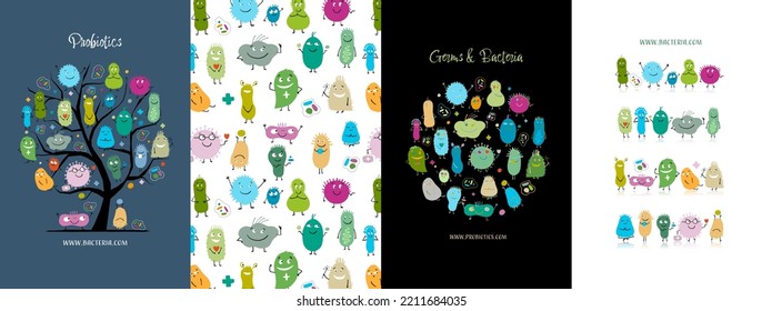 Concept Art set, funny and scary bacteria characters. Frame, background, tree, icons. Set for your design project - cards, banners, poster, web, print, social media, promotional materials. Vector