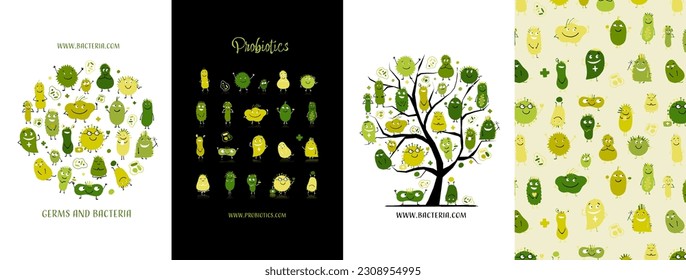Concept Art set, funny and scary bacteria characters. Frame, background, tree, icons. Set for your design project - cards, banners, poster, web, print, social media, promotional materials. Vector
