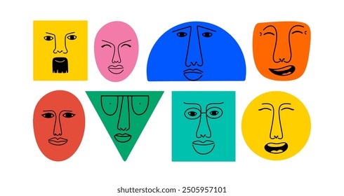 Konzeptkunst mit optimistischen und anderen Gesichtsausdrücken. Vielfalt Menschen. Verschiedene Emotionen in abstrakten Formen. Vektorgrafik.