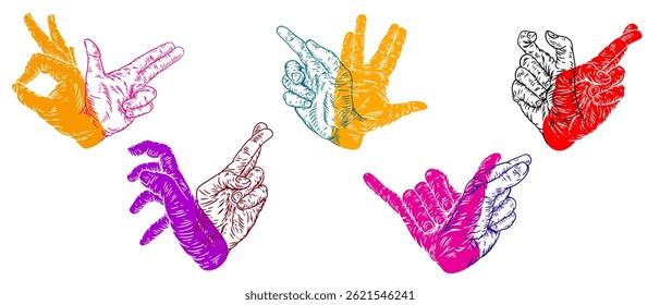 Silhuetas de arte conceitual mãos em estilo de cor de dupla exposição. Definir mão desenhada brilhante design diferentes gestos para impressão, tatuagem. Moderno vetor ilustrações vívidas com braço.