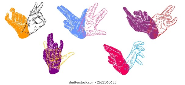 Concept art silhouettes hands in double exposure color style. Set hand drawn  bright design different gestures for print, tattoo. Modern vector vivid illustrations with arm.
