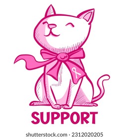 Concept art of a superhero cat with a pink ribbon raising awareness. Cartoon kitty concept about breast cancer month.