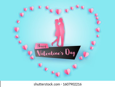 concept art of valentine's day with couple hug together around with floating hearts by paper art design,vector illustration