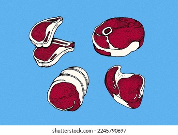 Concept Art Vector. Red Pieces of Meat in Blue Background.