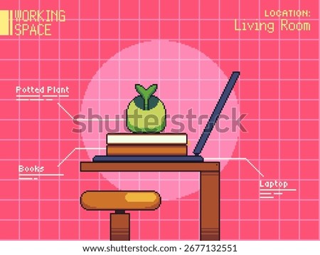 Concept art of Working Space Installation with Books Stack and Potted Plant, Futuristic Pink Grid Backdrop, Pixel Art Style Illustration
