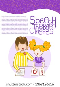 Concept article speech therapy. Cute childrens drawings icons in kavai style on the topic of speech therapy. Friendly speech and articulation classes