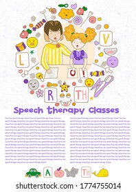 Concept article speech therapy. Cute childrens drawings icons in kavai style on the topic of speech therapy. Friendly speech and articulation classes