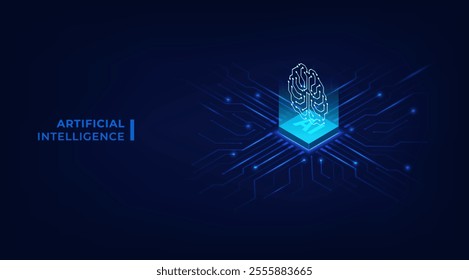 Concept of Artificial intelligence. 3D artificial intelligence chip on circuit board. Isometric technology background. Vector illustration for banner and web template.