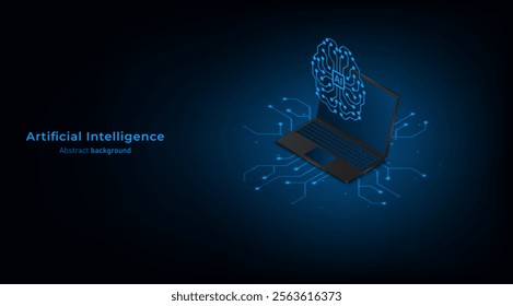 Concept of Artificial intelligence. 3D laptop with ai digital brain.  Isometric technology background. Vector illustration for banner and web template.