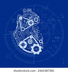 concept of artificial intelligence advancement, graphic of robot heart blueprint