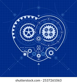 concept of artificial intelligence advancement, graphic of heart shape combined with cogwheel element and blueprint