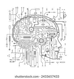 Concept of Artificial Intelligence AI and Big Data. Electronic digital brain, circuit and human head outline in flat style on a white background.
