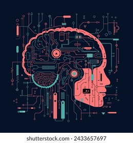 Concept of Artificial Intelligence AI and Big Data. Electronic digital brain, circuit and human head outline in flat style on a dark background.