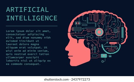 Concept of Artificial Intelligence AI and Big Data. Electronic digital brain, circuit board and human head outline in flat style on a dark background.