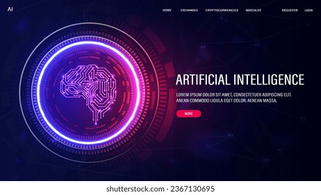 A concept for artificial intelligence AI with brains in a neon frame in red and blue on a purple background.