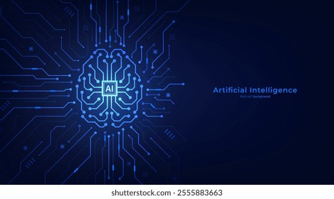 Concept of Artificial intelligence. AI digital brain on the circuit motherboard. Futuristic technology background. Vector illustration for banner and web template.