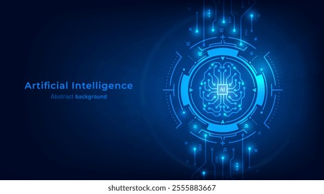 Concept of Artificial intelligence. AI digital brain icon on frames HUD futuristic style on a dark blue background. Futuristic technology background. Vector illustration for banner and web template.