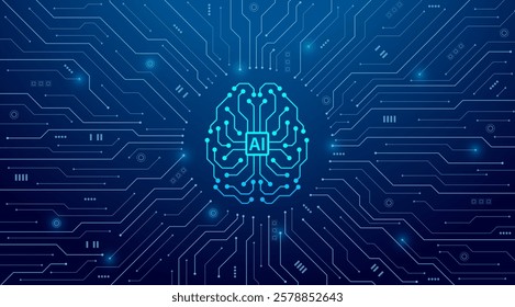 Concept of Artificial intelligence. AI digital brain on the circuit motherboard. Futuristic technology background. Vector illustration for banner and web template.