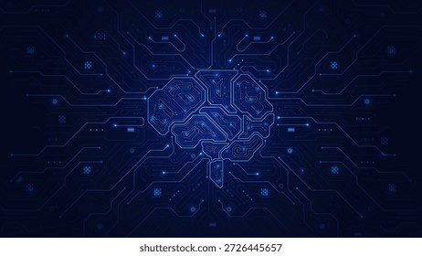 Conceito de inteligência artificial (IA). O cérebro do circuito digital futurista na placa de circuito e elementos elétricos. Inovação e tecnologia de automação. Big data e aprendizagem profunda. Ilustração vetorial.