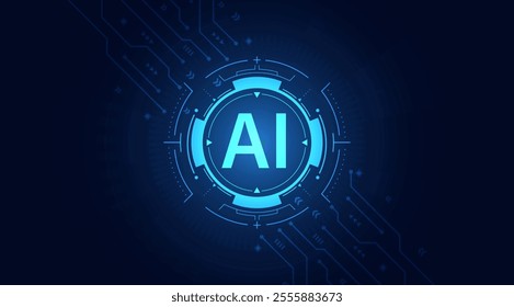 Concept of Artificial intelligence. AI logo on frames HUD futuristic style on a dark blue background. Futuristic technology background. Vector illustration for banner and web template.